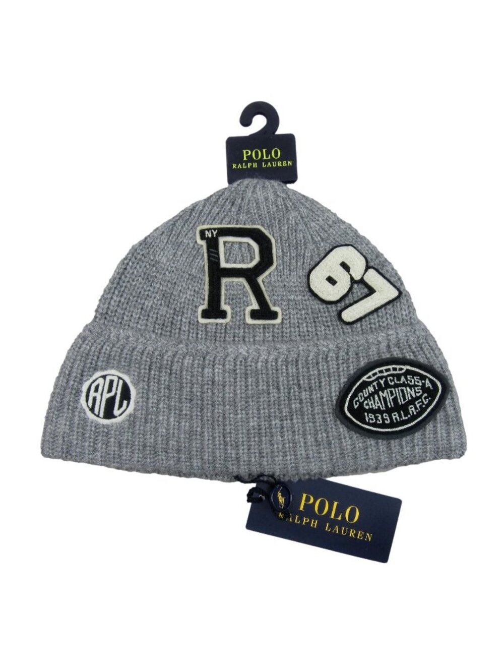 Polo Ralph Lauren Patch RL NY 67 Champions Grey Skull Beanie Cap One Size NEW